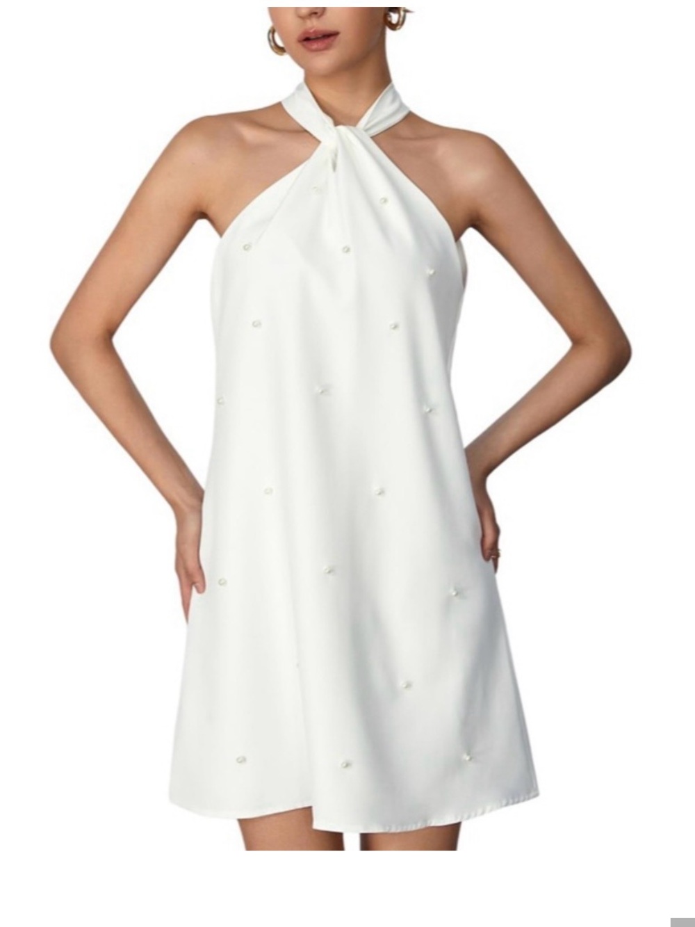 Pearl-Embellished White Halter Midi Dress